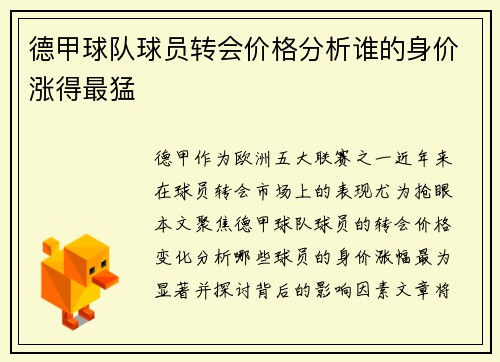 德甲球队球员转会价格分析谁的身价涨得最猛